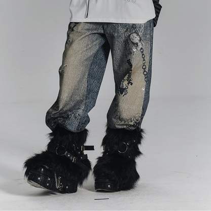 Chain Design Wide Leg Straight Denim Jeans NA8896