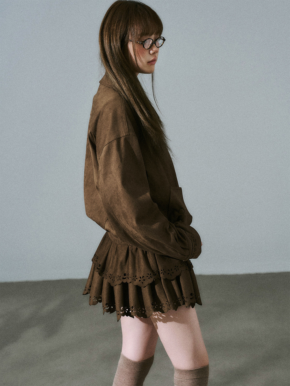 Suede Zipper Jacket & Scalloped Skirt Setup NA8854