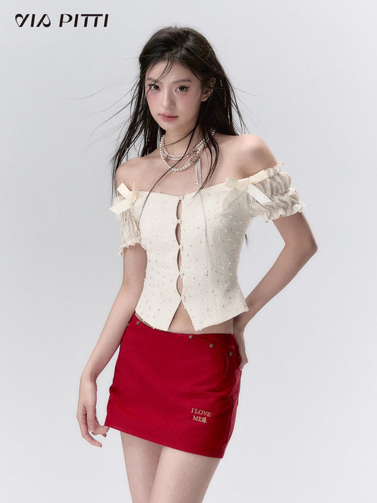 3D Pearl Mesh Bow Short Sleeve Blouse NA4797