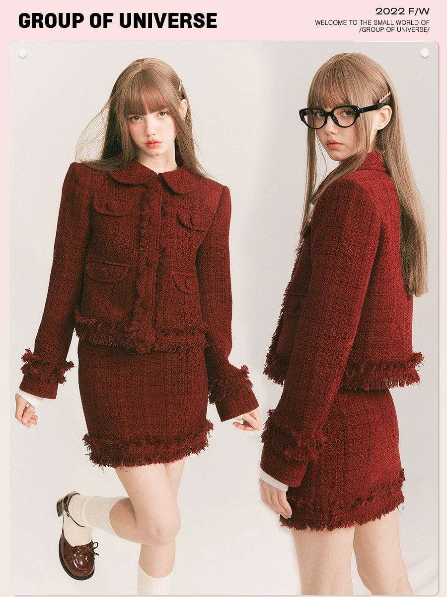 Round Collar Tweed Jacket & A-Line Tweed Skirt Setup NA5863