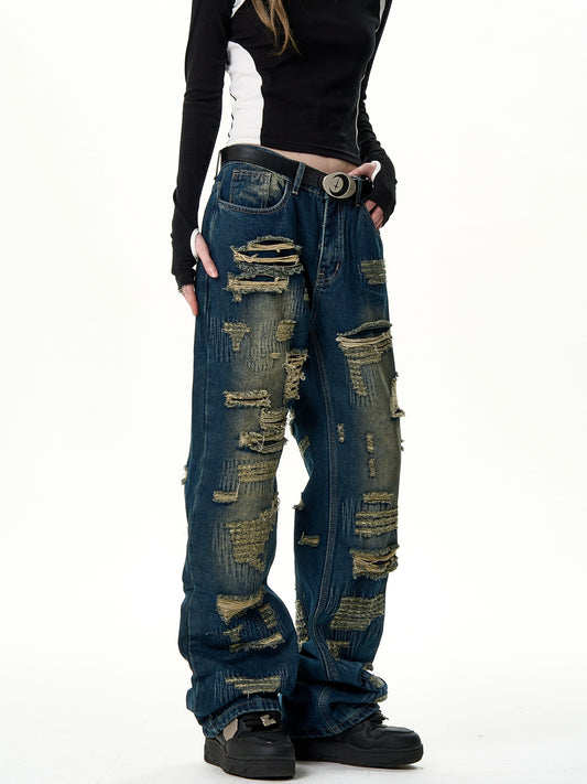 Damaged Straight Denim Jeans NA2989