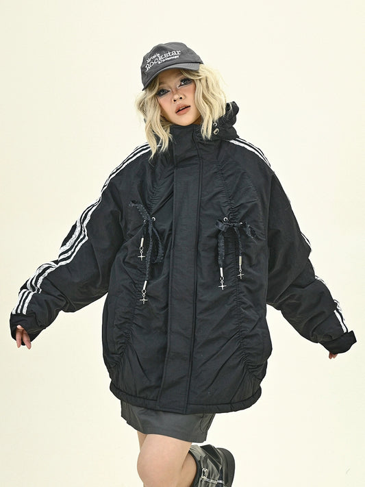 Side Stripe Bow Design Hooded Puffer Jacket NA6198