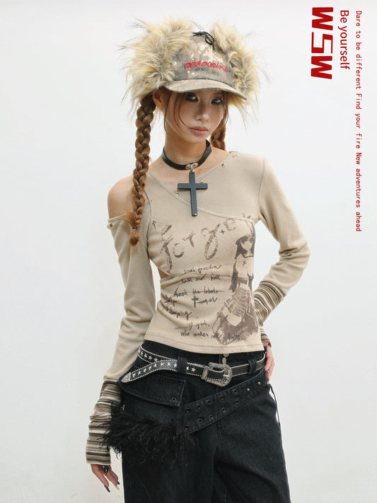 Off-Shoulder Patchwork Print Long Sleeve Knit T-Shirt NA8557