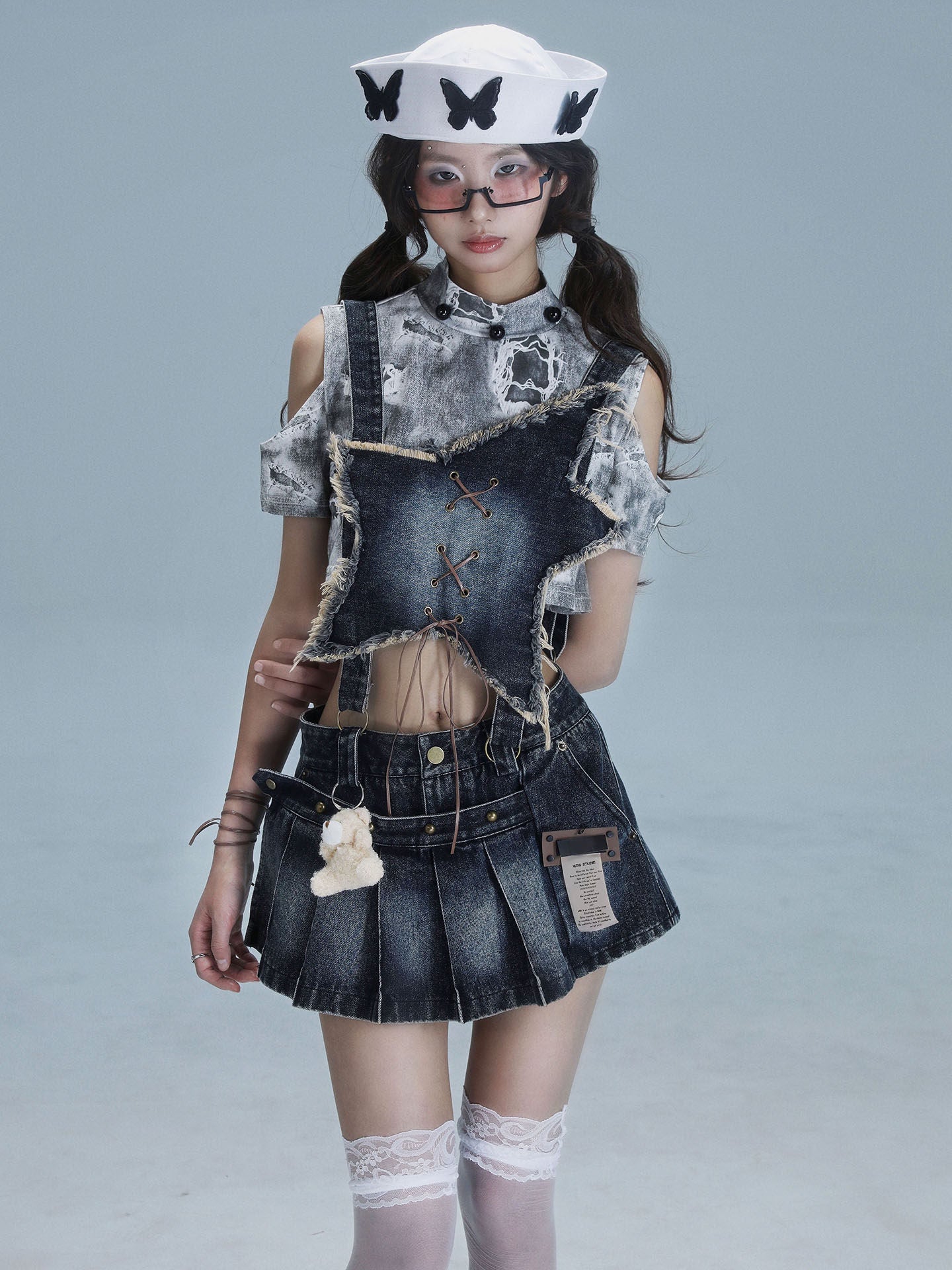 Detachable Washed Suspender Denim Short Skirt & Inner Shirts Set NA8554