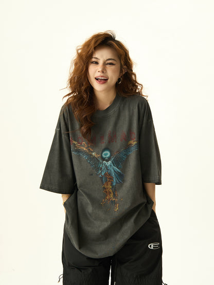 Washed Graffiti Print Short Sleeve Oversize T-shirt NA3179