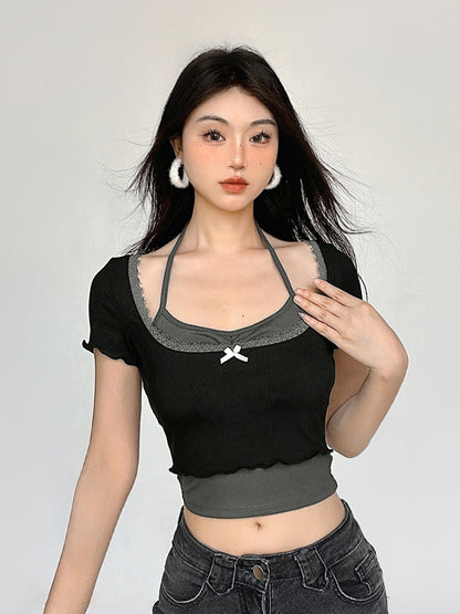 Lace Fake Layered Hanging Neck Short Sleeve T-shirt NA4507