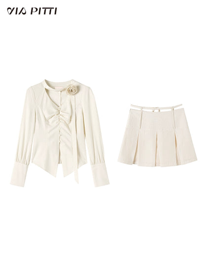 Drape V-neck Button Up Long Sleeve Shirt & Pleats Skirt Setup NA4815