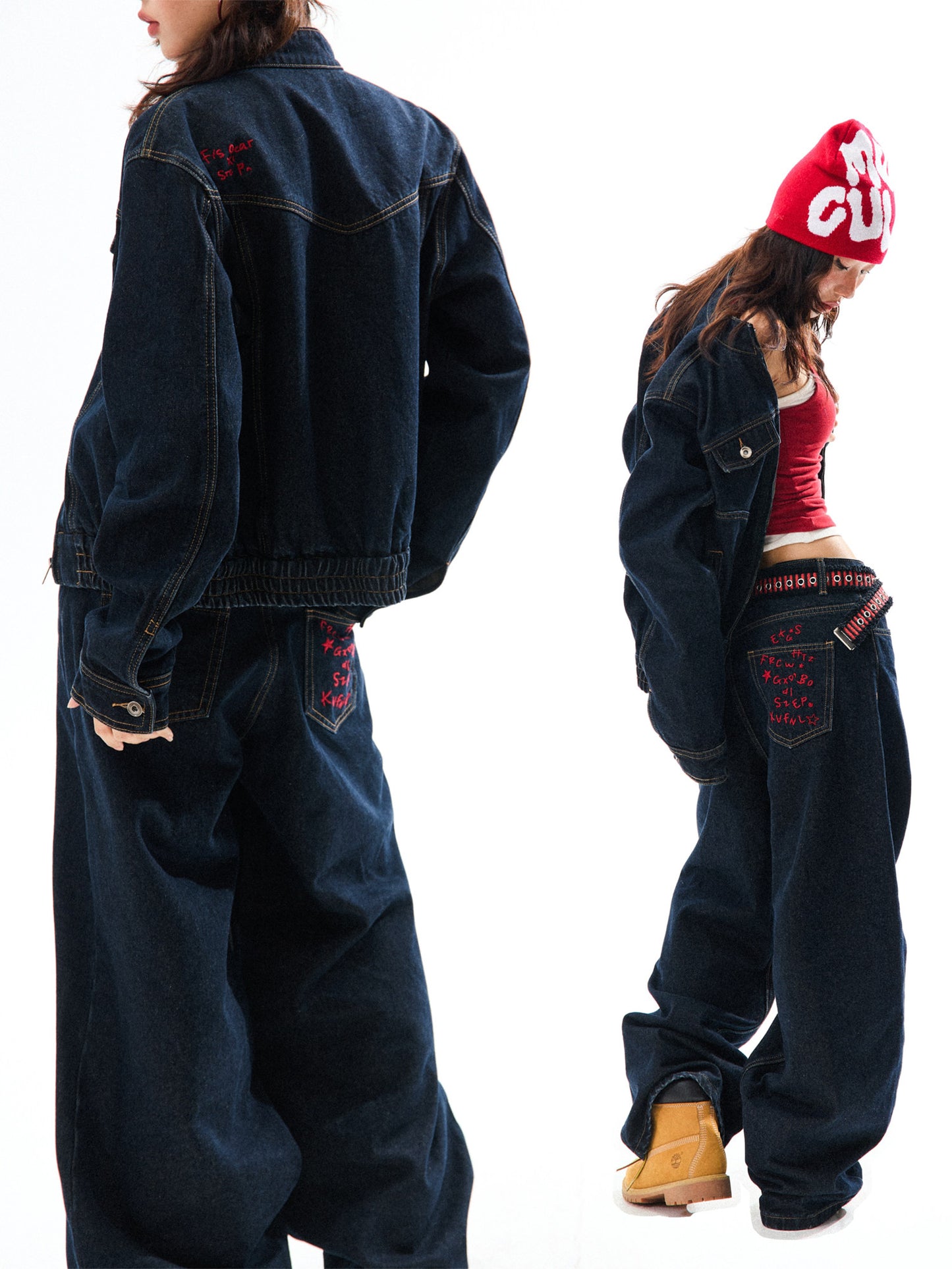 Embroidered Cropped Denim Jacket & Wide-Leg Denim Jeans Setup NA9420