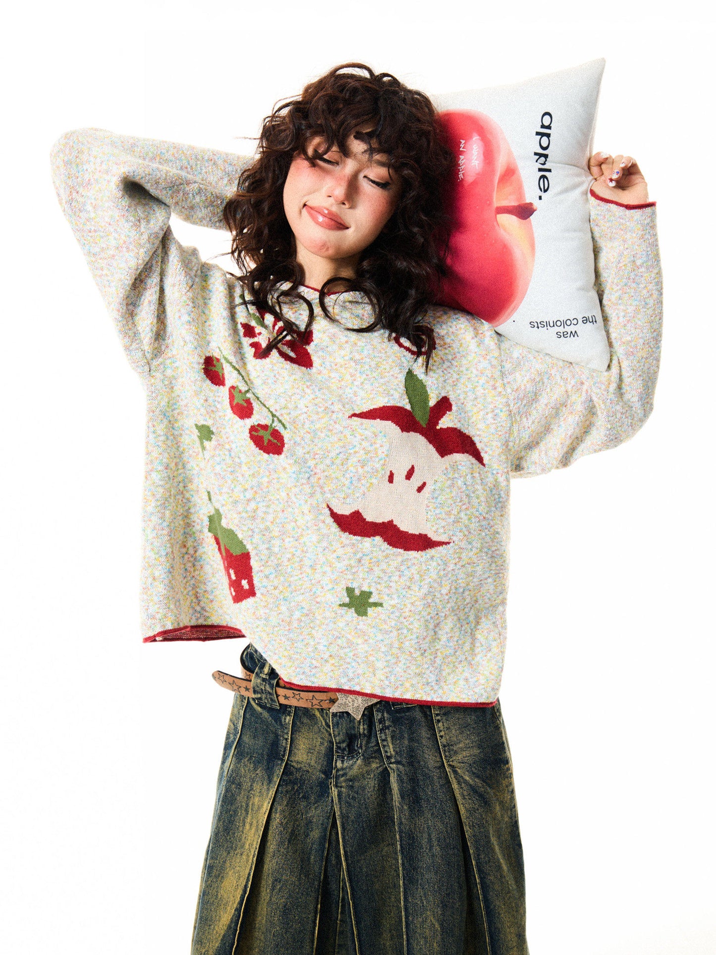 Fruit Pattern Knit Oversize Hoodie NA9351