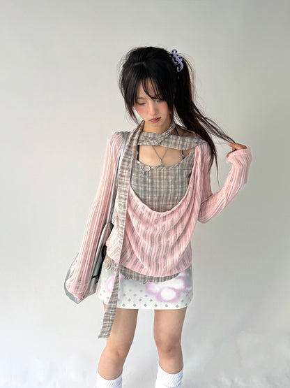 Plaid Ripped Fake Layered Long Sleeve T-Shirt NA9253