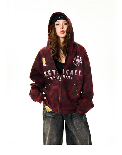 Tie-Dye Letter Print Oversize Zipper Hoodie NA9388