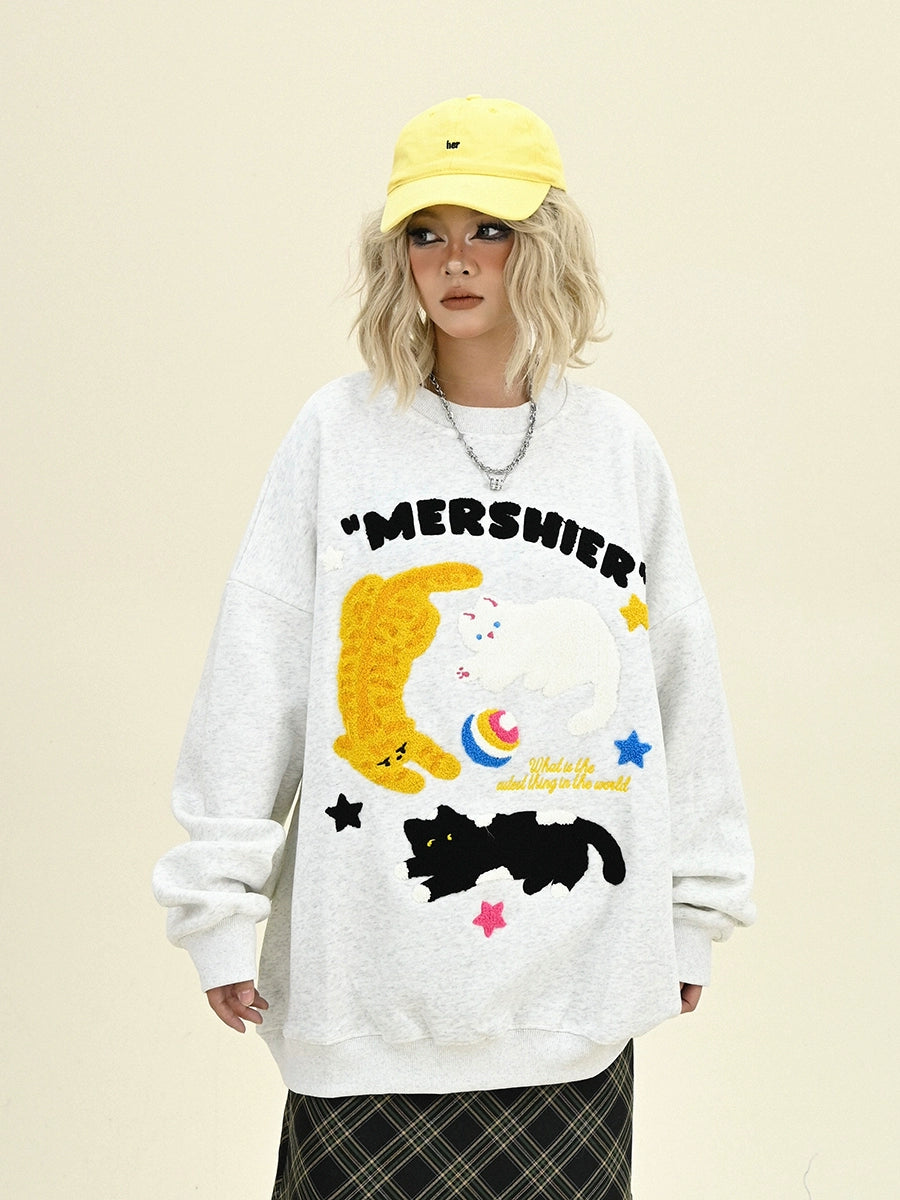 Cat Graphic Round Neck Oversize Sweatshirt NA6307