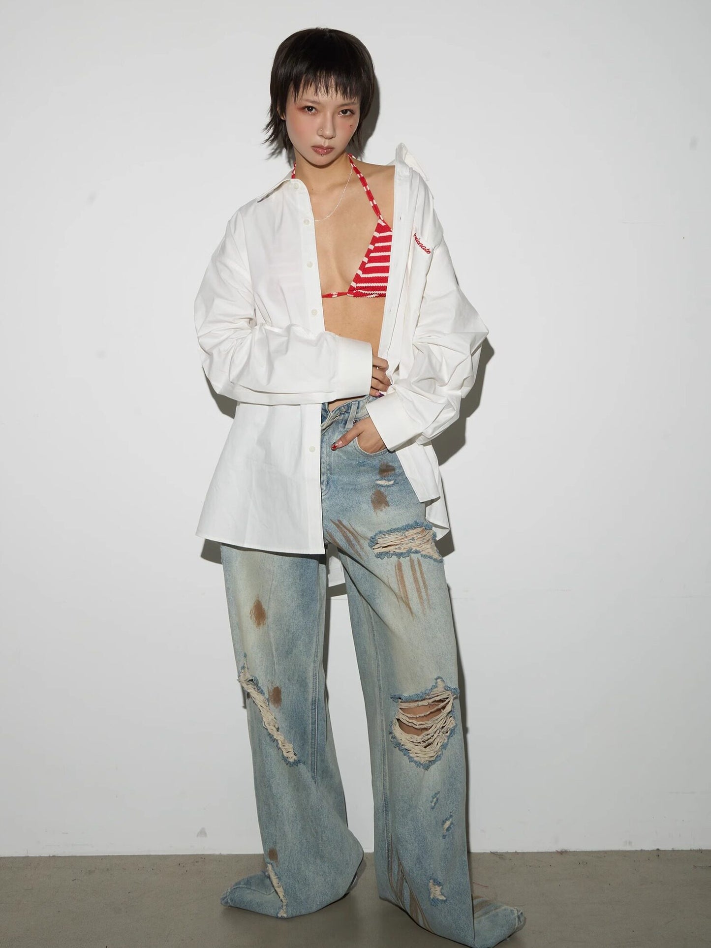 Rust Fade Damage Wash Draped Wide Leg Denim Jeans NA9152