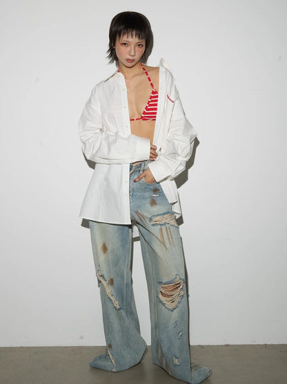 Rust Fade Damage Wash Draped Wide Leg Denim Jeans NA9152