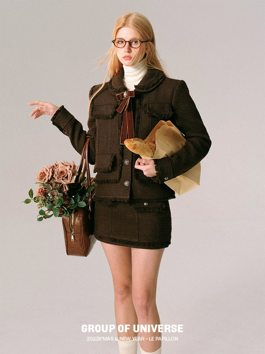 Bow Design Wool Blend Jacket & Short Skirt Setup NA5916