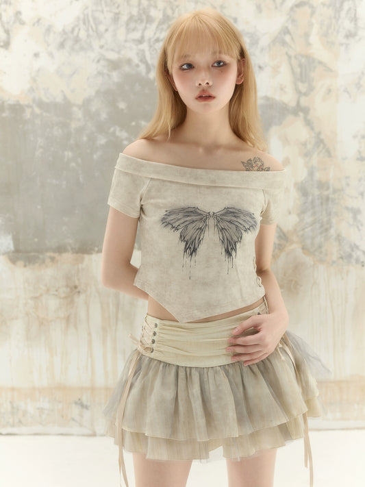 Ballet Mesh Layered Low-Waist Tie-Up Ruffled Skirt ＆ Off-Shoulder Print Short Sleeve T-Shirt NA6977