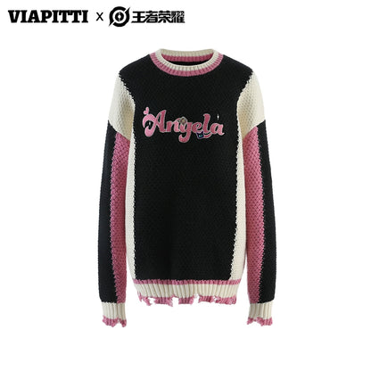 Contrast Color Embroidery Knit Sweater NA4786