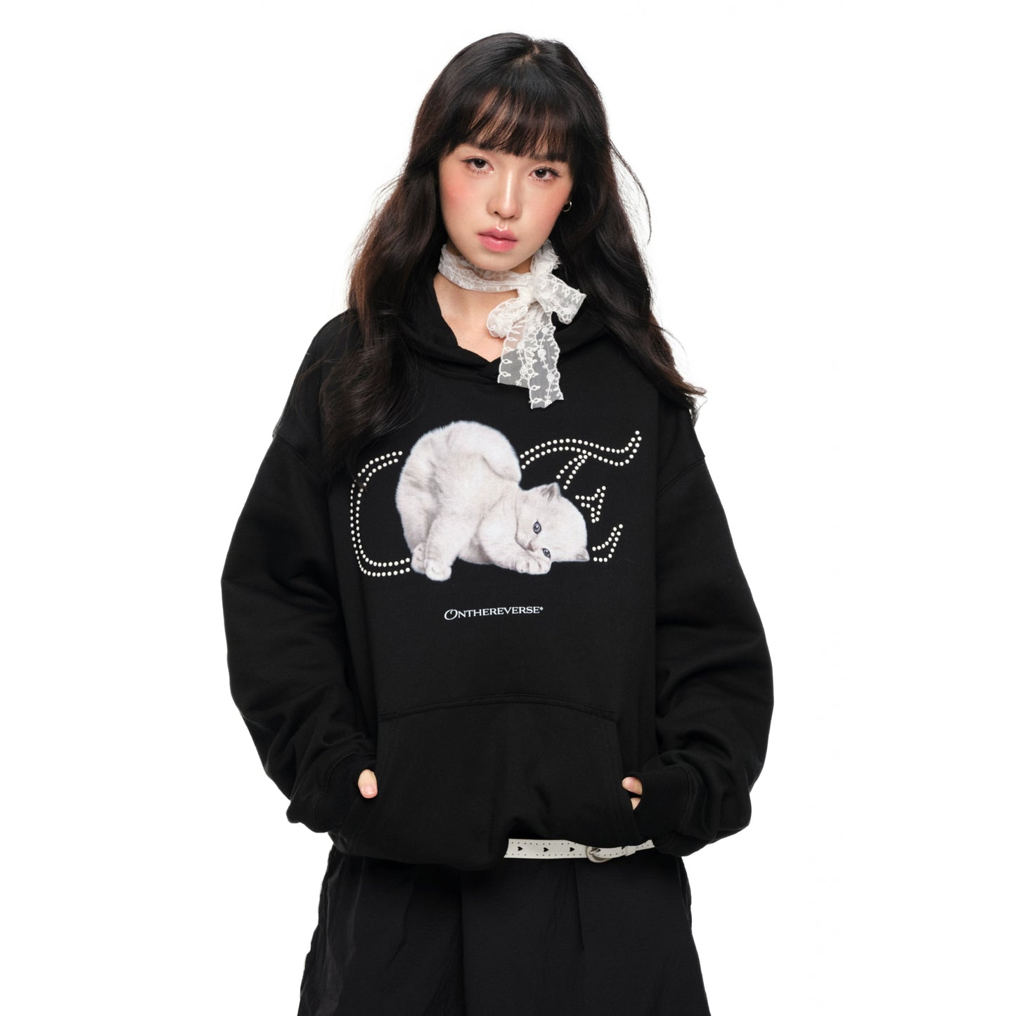 Cat Rhinestone Print Hoodie NA6053