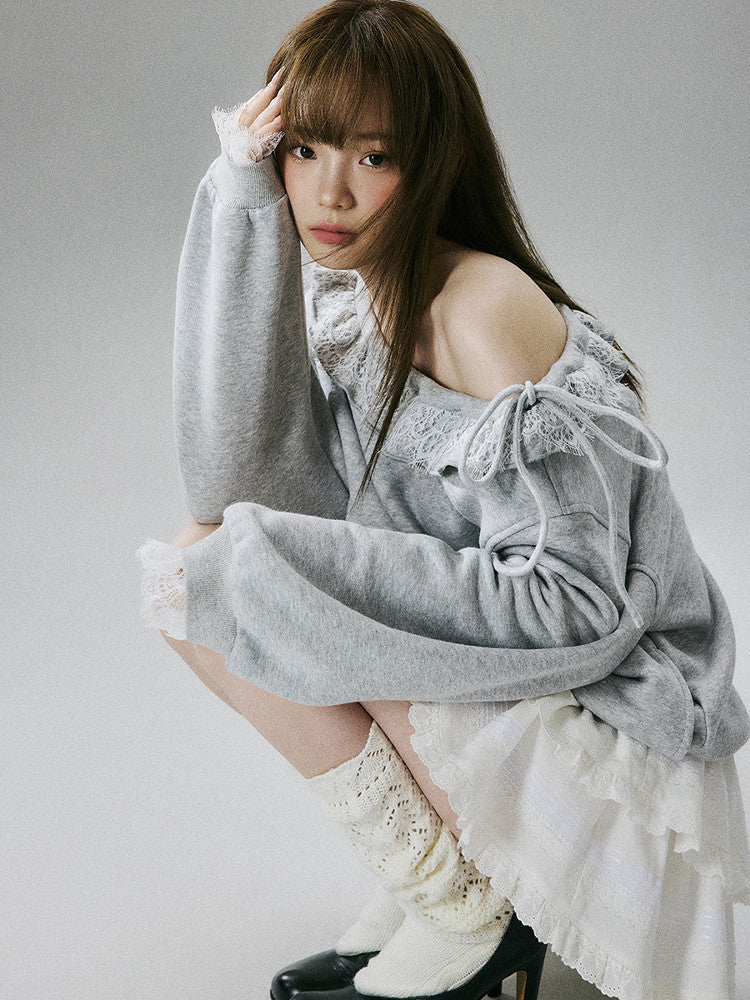 Off-Shoulder Lace Trim Sweatshirt NA8849