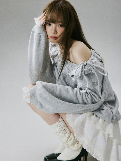 Off-Shoulder Lace Trim Sweatshirt NA8849