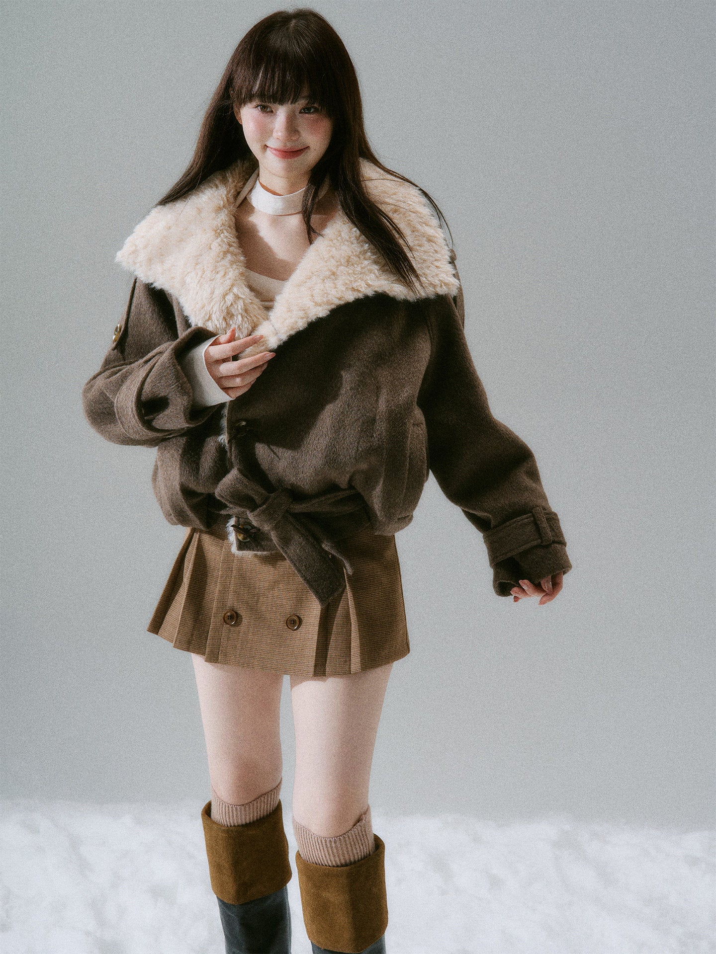 Fake Fur Collar Belted Jacket NA8844
