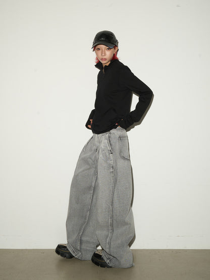 High Waist Pleats Washed Wide Leg Denim Jeans NA9078