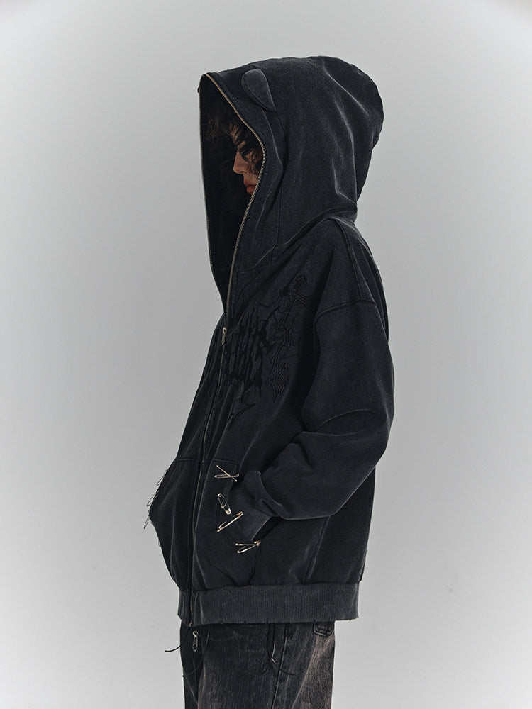 Cat Ear Safety Pin Oversize Zipper Hoodie NA8929