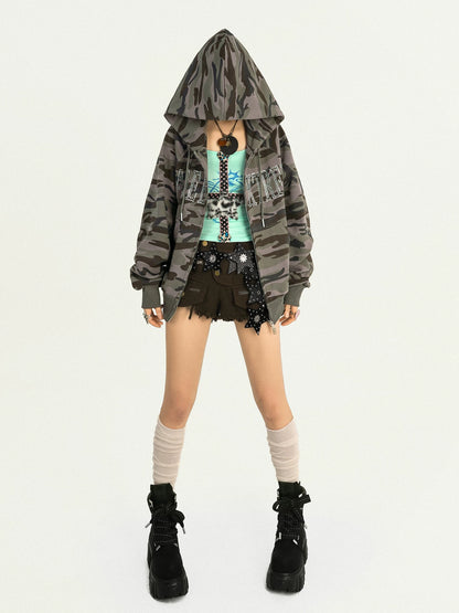 NA8615 Nico Molly American Vintage Camouflage Hooded Sweatshirt Women's Hot Diamond Letter Loose Hiphop Fall Coat NA8615