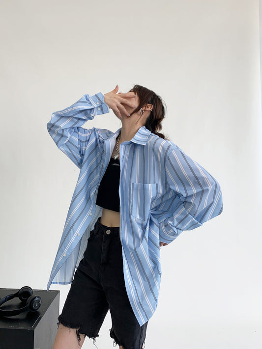 Unisex Oversize Stripe Long-Sleeve Shirt NA2774