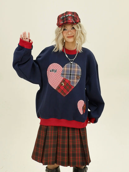 Plaid Heart Design Round Neck Sweatshirt NA6361