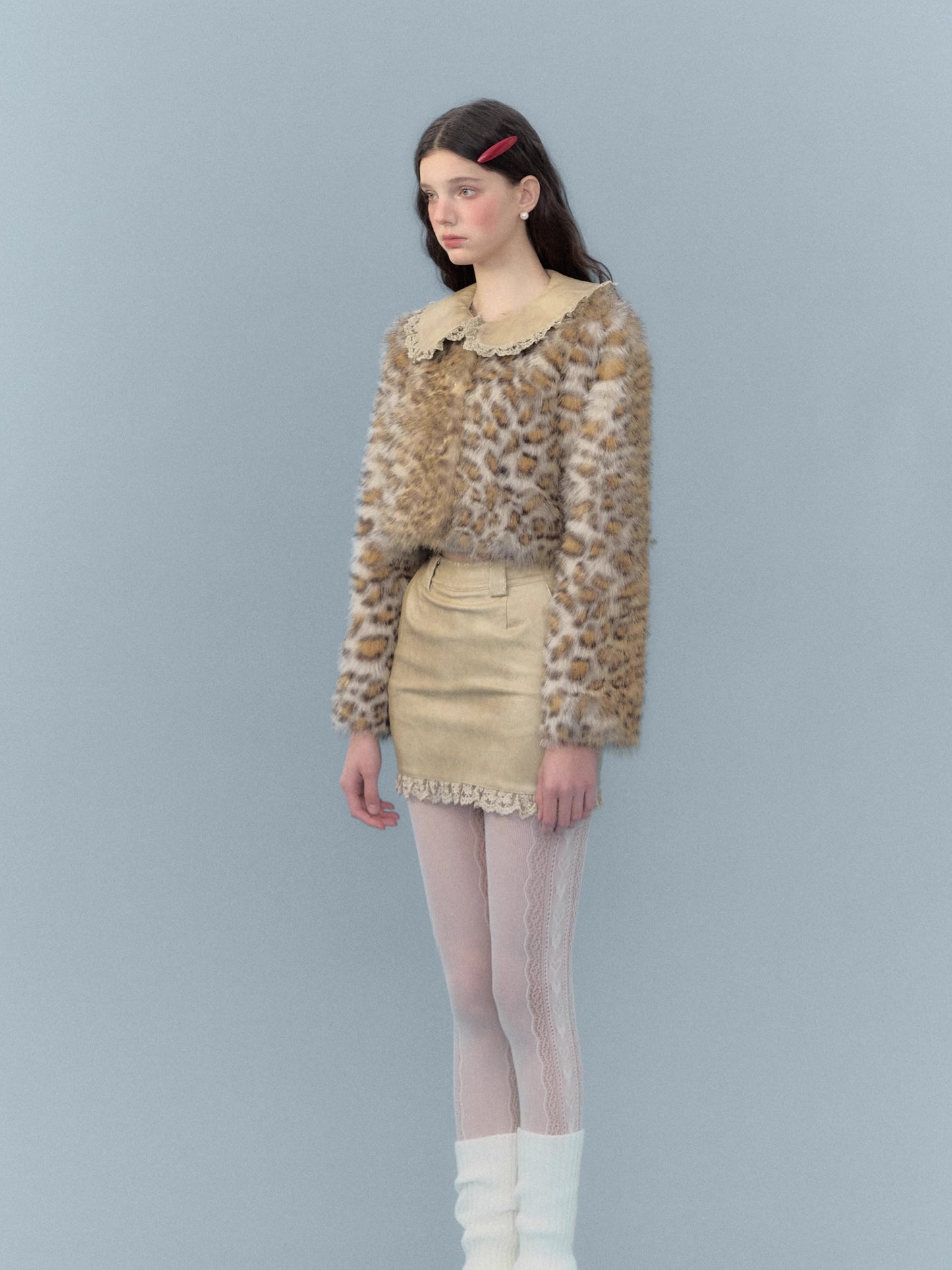 Leopard Print Fur Jacket & Lace Patchwork PU Leather Skirt Setup NA5822