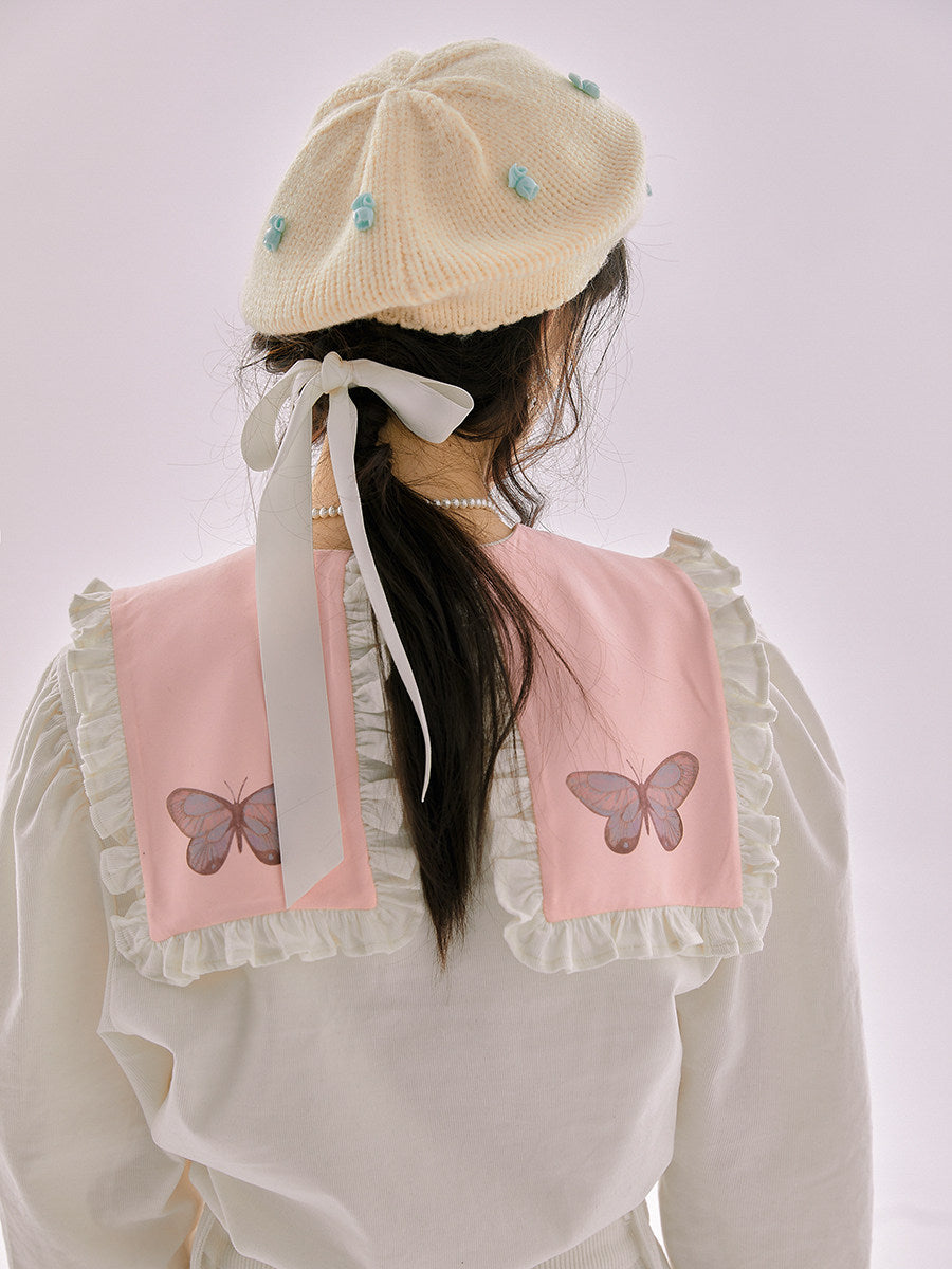 Quirky Print Bubble Sleeve Fake Layered Long Sleeve Blouse NA8294