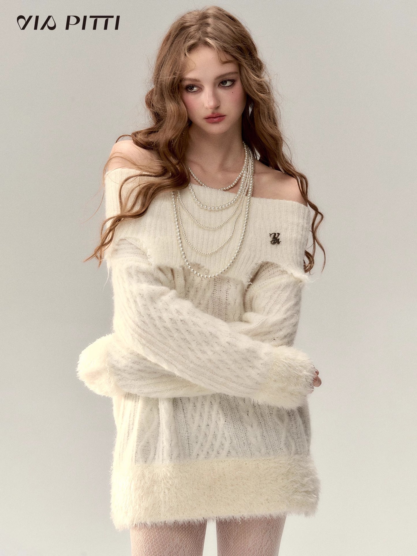 One Shoulder Damaged Furry Sweater Dress NA4793