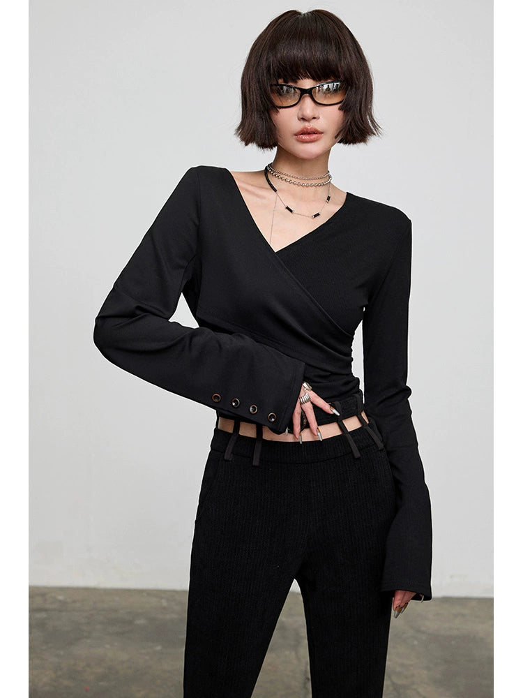 Patchwork Irregular V-Neck Long Sleeve T-shirt NA4324