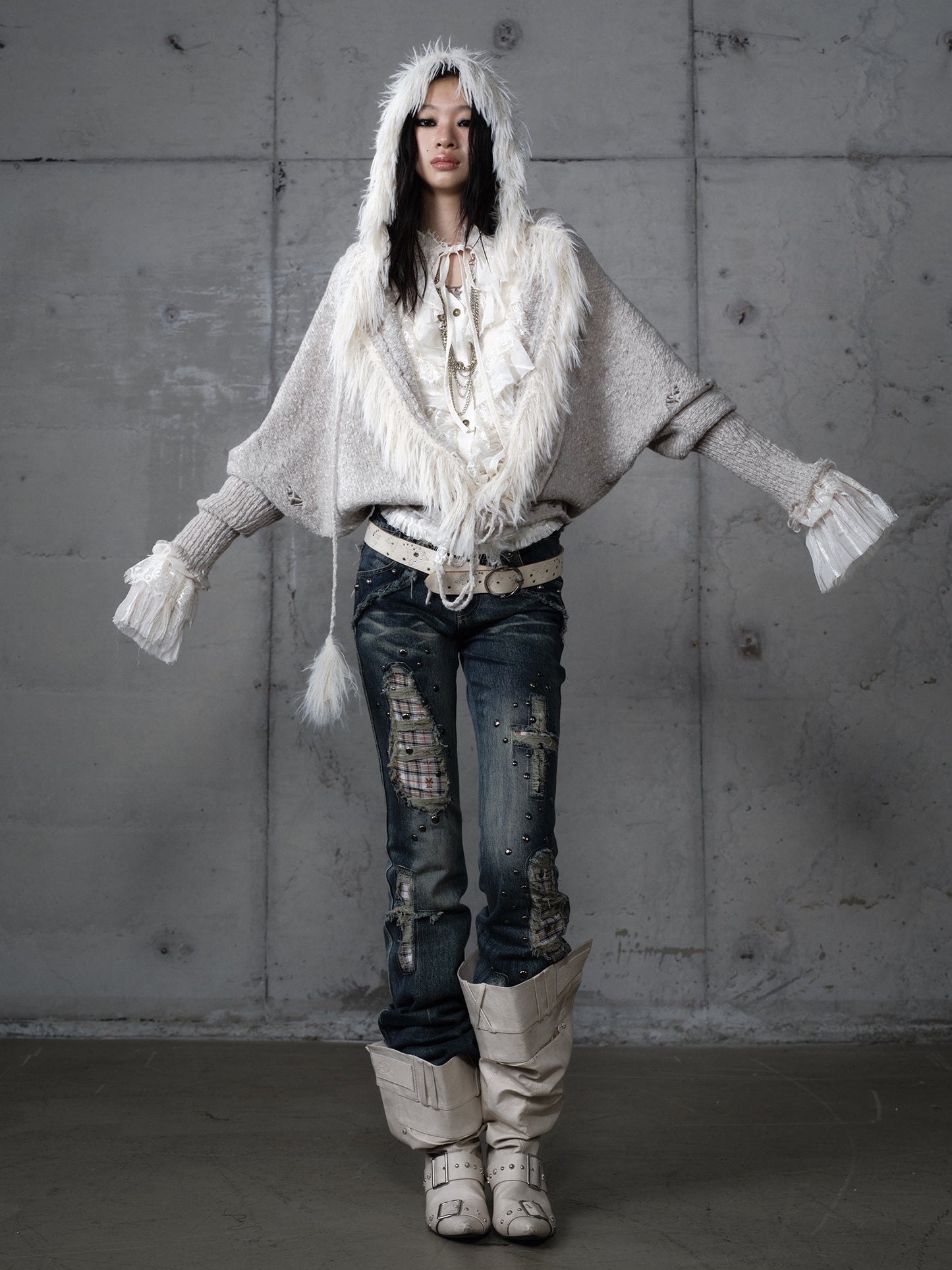 Fake Fur Trim Drawstring Oversize Knit Cardigan NA9005