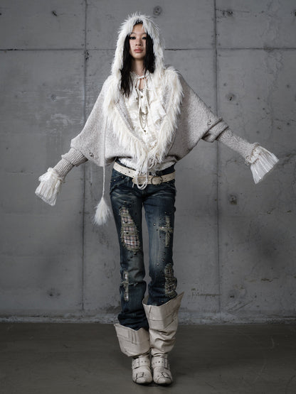 Fake Fur Trim Drawstring Oversize Knit Cardigan NA9005