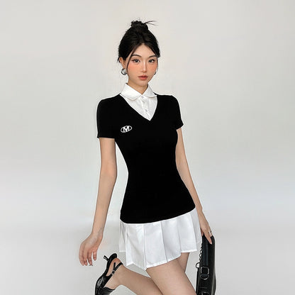 Fake Layered Polo Neck Button Dress NA4640