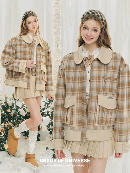 Round Collar Plaid Woolen Jacket & Pleated Short Skirt NA5908