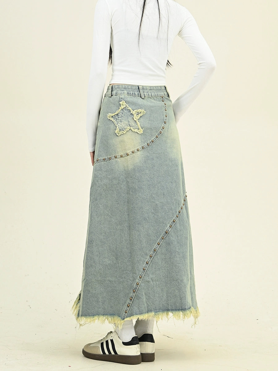 Frayed Fringe Distressed Denim Midi Skirt NA6482