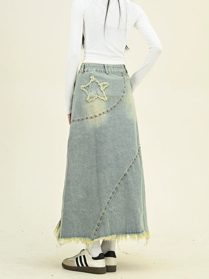 Frayed Fringe Distressed Denim Midi Skirt NA6482