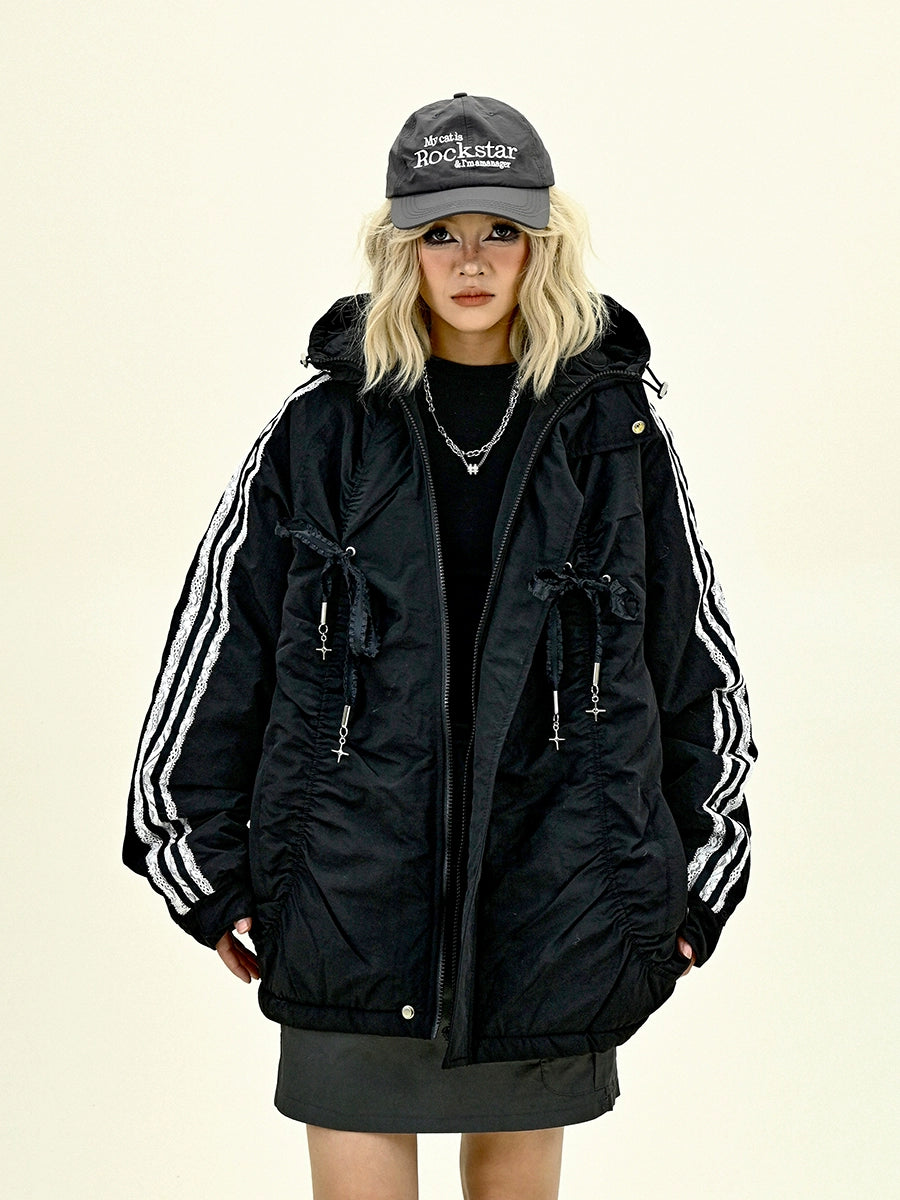 Side Stripe Bow Design Hooded Puffer Jacket NA6198