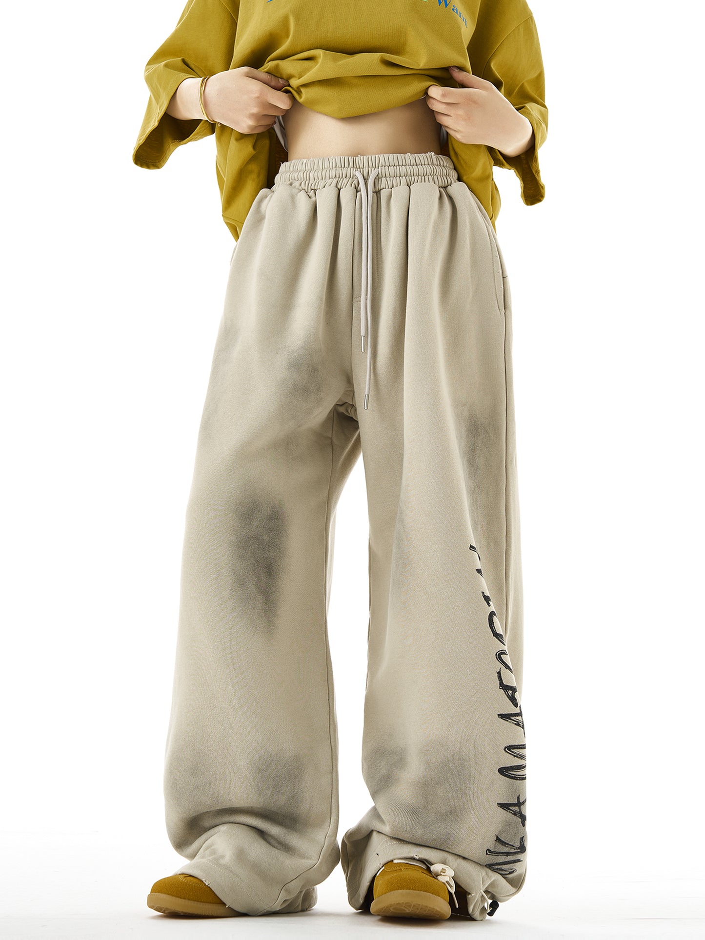 Washed Letter Print Wide Leg Sweatpants NA3074