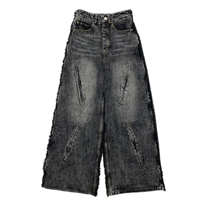 Washed Fray Zipper Detail Wide Leg Denim Jeans NA9191