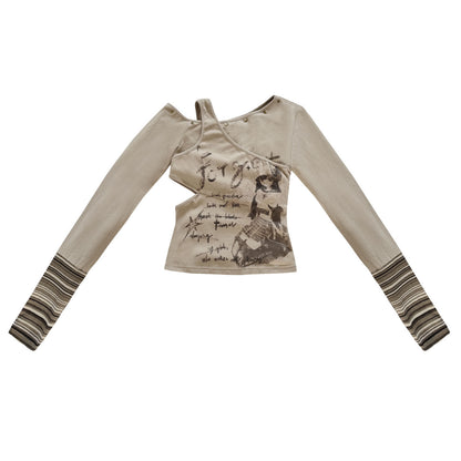 Off-Shoulder Patchwork Print Long Sleeve Knit T-Shirt NA8557