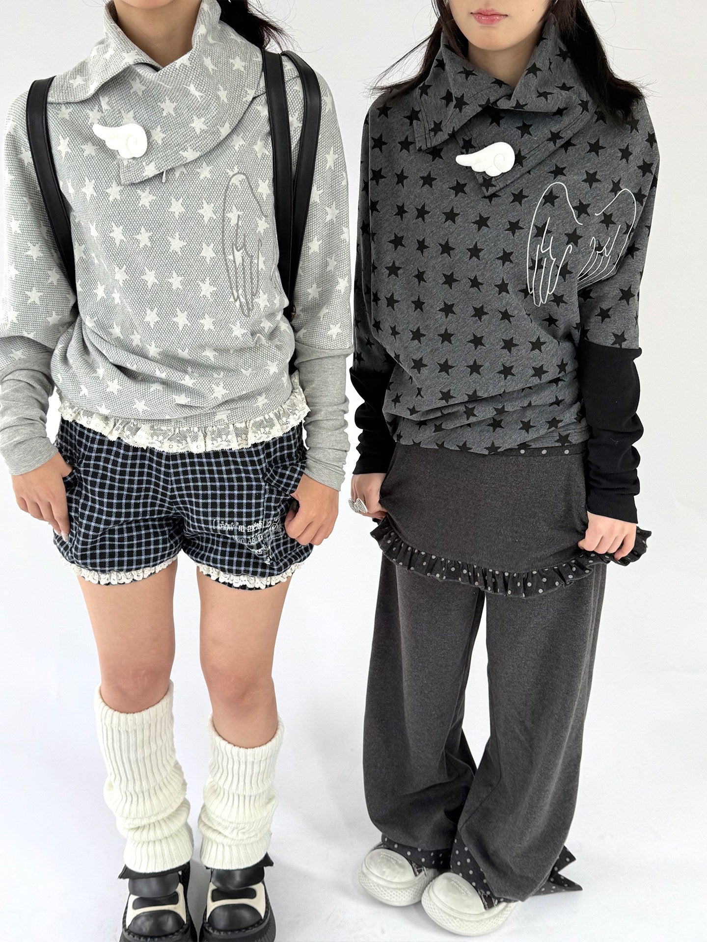 Star Print Wing Detail Layered Long Sleeve T-Shirt NA9304