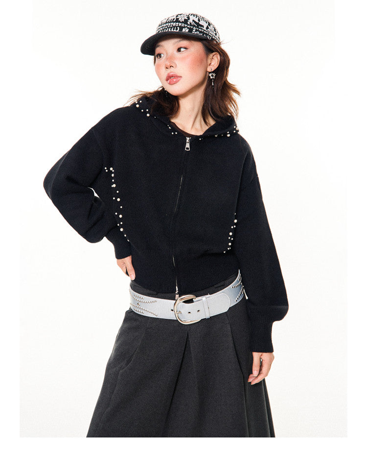 Pearl Embroidery Cropped Zipper Hoodie NA9341