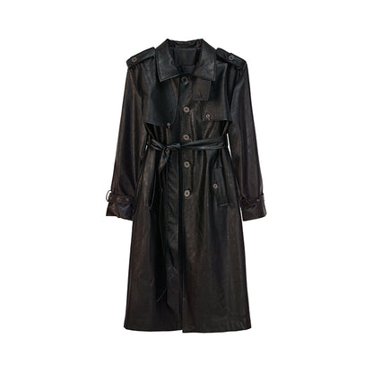 Wrinkled Texture PU Leather Trench Waistband Coat NA6045