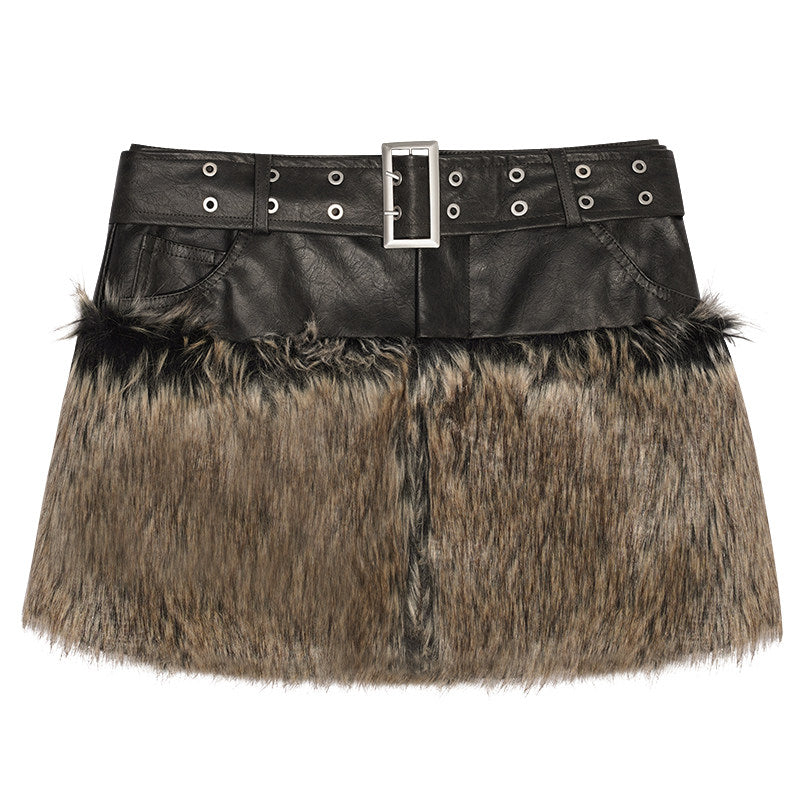 Reversible Fake Fur PU Leather Jacket & Skirt Setup NA8600
