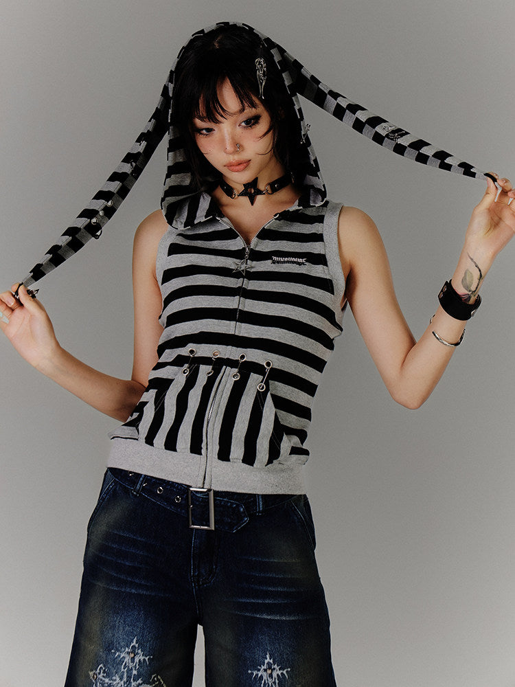 Stripe Zipper Hooded Sleeveless T-Shirt NA9224