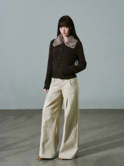 Slim Detachable Fur Collar Horn Button Sweater Jacket NA8790